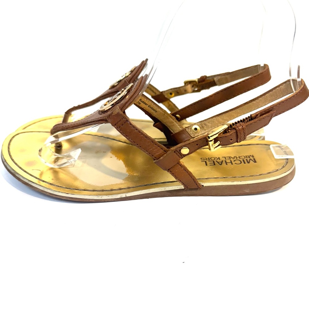 MICHAEL Kors Women's T Strap Leather Sandal Brown w Rhinestone Medallion Size 7